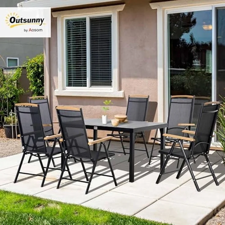 Outsunny Garten-Essgruppe Sitzgruppe klappbar 7tlg. 1 Tisch+6 Stühle Gartenmöbel Set, (Balkonmöbel, 7-tlg, Balkonset), Schwarz 140L x 90B x 74H cm – Bild 2
