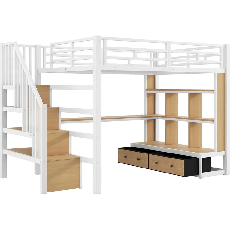 Merax 140x200 Hochbett, Doppelbett mit Schreibtisch und Regalen, zwei integrierten Schubladen, Treppe mit Stauraum, Weiß – Bild 9