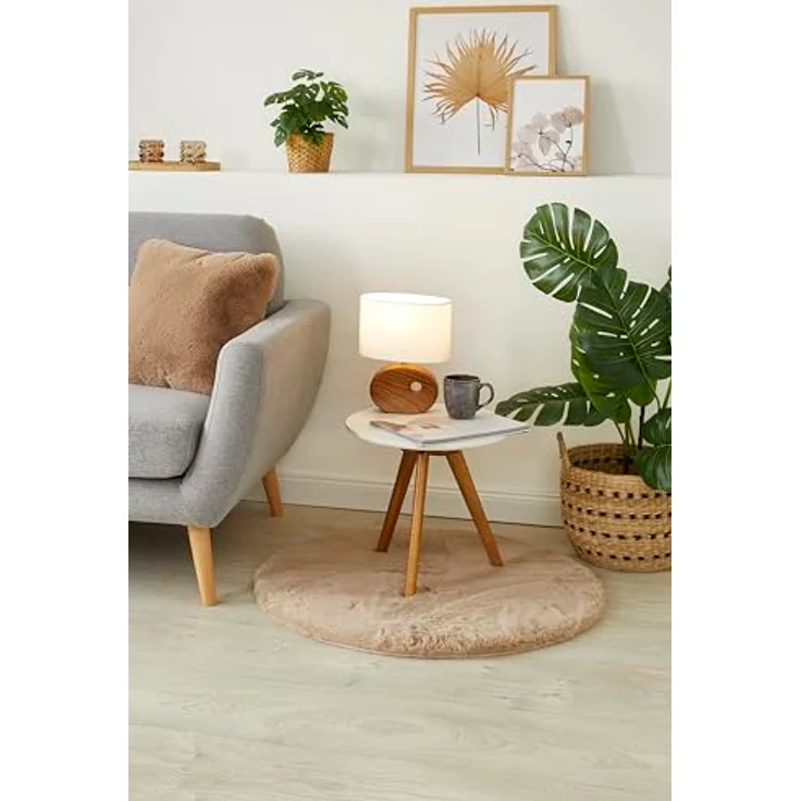 -LUXOR- living Teppich Coste gemütlicher Hochflor Kunstfell Teppich Fellimitat in Schaffelloptik 80 cm rund Taupe – Bild 2