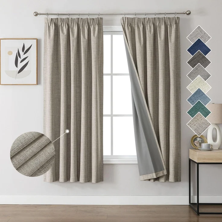 Joydeco 100% Verdunkelungsvorhänge Leinen Gardinen mit Kräuselband Thermovorhang Kälteschutz Blickdicht Schallschutz Ideal für Wohnzimmer, passt zu Schienensystemen Leinen H137xB117cm 2er Set