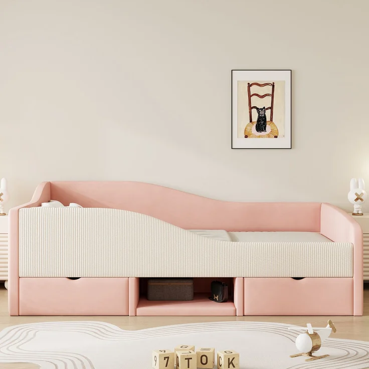 Kinderbett 90×190 cm mit Colorblock-Samt, Schutzgitter, Schubladen & Schuhfach, gepolstertes Jugendbett mit Stauraum,Rosa & Cremeweiß – Bild 1