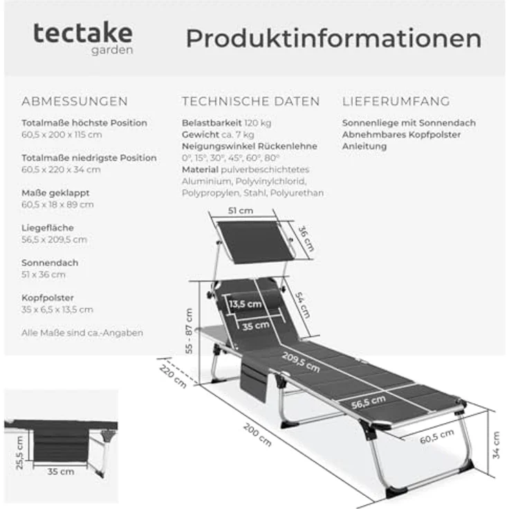 tectake Gartenliege Sonnenliege, 1, 1 St, 1tlg, gepolstert, klappbar – Bild 7