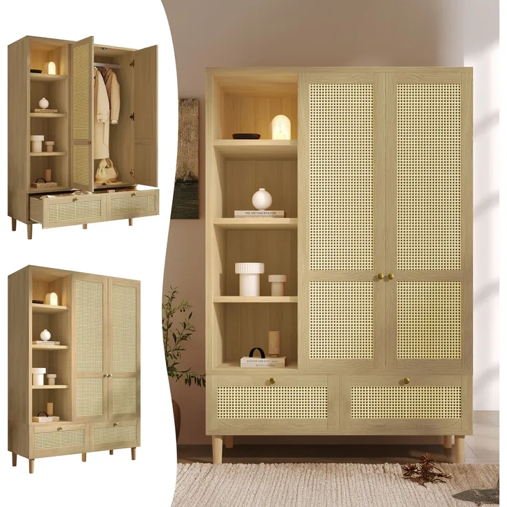 Merax 180cm Kleiderschrank Garderobenschrank mit 2 Türen und Rattan‑Flechten, Landhausstil Eicheoptik, offene Ablage, Regalfächer, Kleiderstange, 2 Schubladen, Kippsicherung