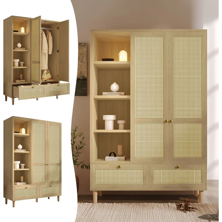 Merax 180cm Kleiderschrank Garderobenschrank mit 2 Türen und Rattan‑Flechten, Landhausstil Eicheoptik, offene Ablage, Regalfächer, Kleiderstange, 2 Schubladen, Kippsicherung – Bild 1