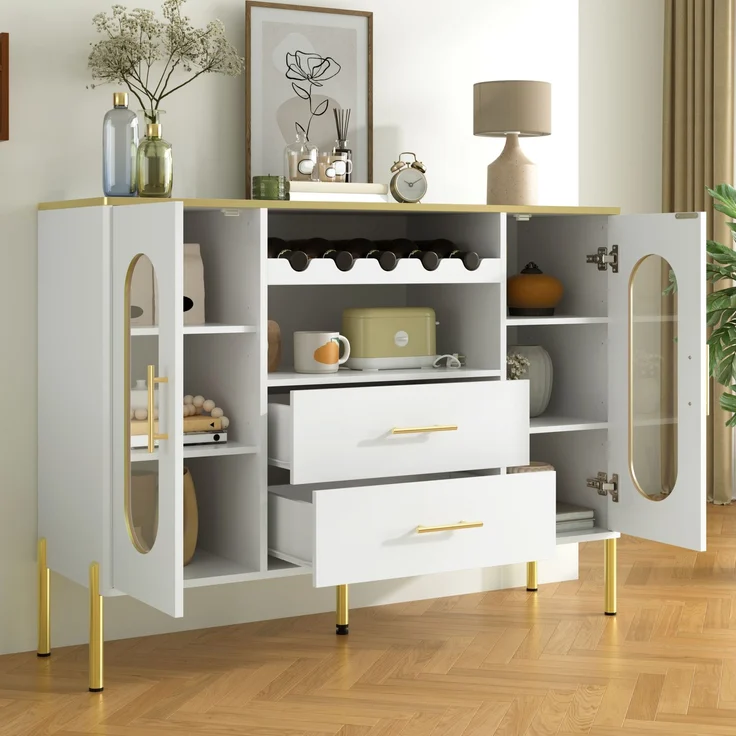 Merax Weißes Sideboard, Glasfronten & Weinregal – Sideboard für Esszimmer & Wohnzimmer – Verstellbarer Fuß – Viel Stauraum – Bild 2