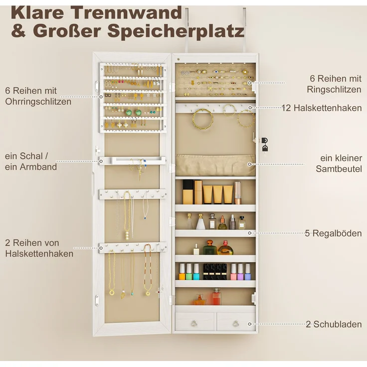 HOMCOM Schmuckschrank, MDF, Glasspiegel, Cremeweiß, 37 x 120 x 10 cm – Bild 6