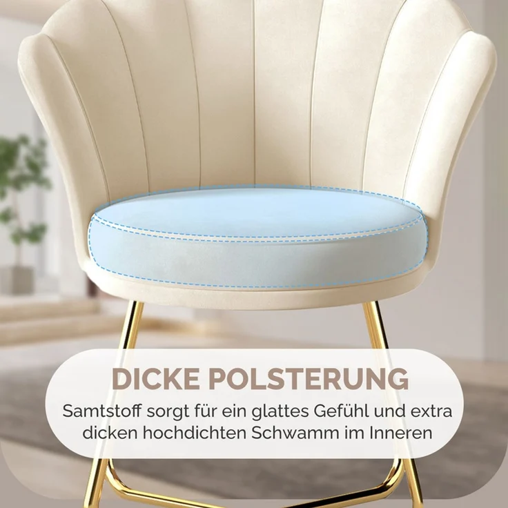 Hawthyhome Polsterstuhl Polstersessel 2er Set mit Blütenblatt-Rückenlehne & goldenen Metallbeinen, hohe Rückenlehne mit Kopfstütze, Wasserfall-Sitzkissen, gepolsterte Armlehnen, SGS-zertifiziert & bis 150 kg belastbar, elegantes Design, ideal für Esszi... – Bild 4