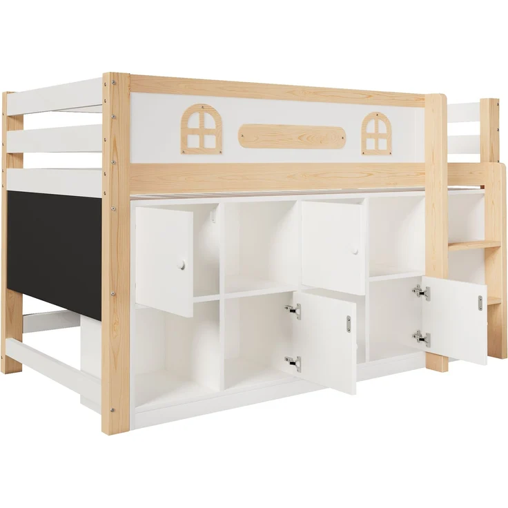 ZUBALIYA Halbhohes Bett, mit Ablagefächern und Leiter und Kreidetafel, Maße 90 x 200 cm, Weiß und Natur, Stockbett, fürs Schlafzimmer, Samt – Bild 12