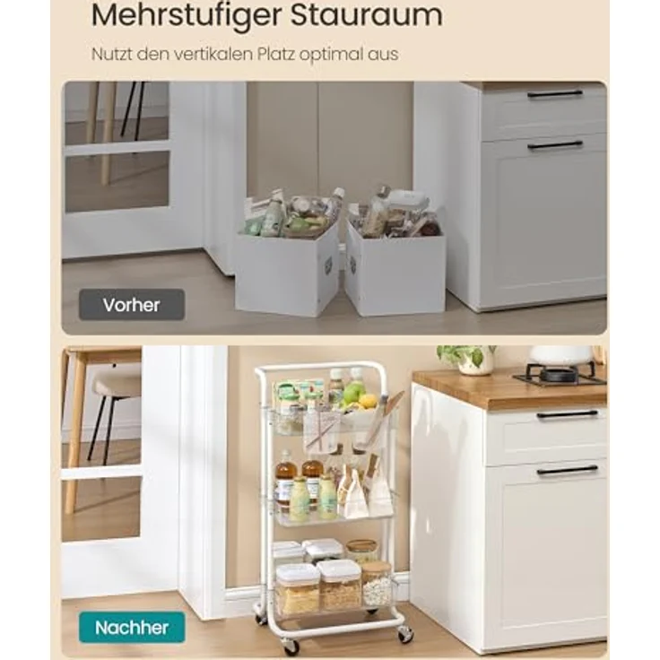 SONGMICS Rollwagen, 3 Ebenen, Servierwagen, Küchenwagen mit Griff, 2 kleine Einhängefächer, 2 Bremsen, Ablagefächer aus Kunststoff, einfacher Aufbau, Schlafzimmer, weiß-transparent BSC067W03 – Bild 4