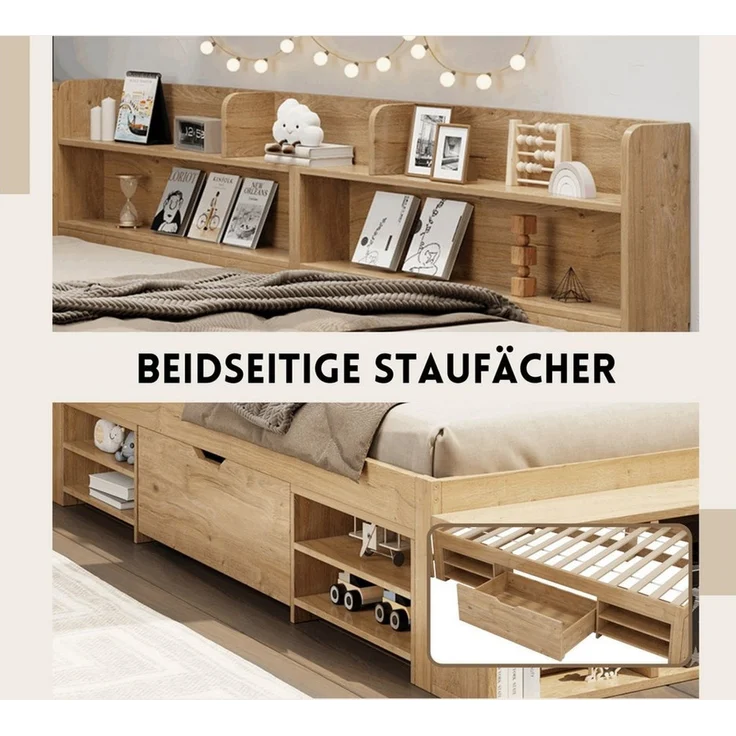 SeedWave Holzbett Tagesbett mit USB- / Kabelloser-Ladefunktion, Nachttisch, 90/140×200cm, Stauraumbett mit 1× Rollenschublade, Staufächern – Bild 4
