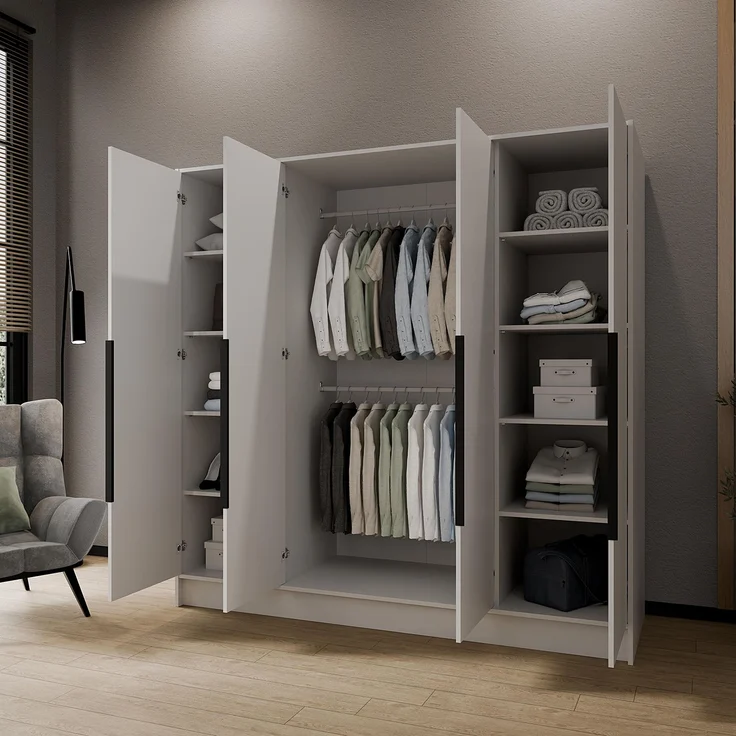 MEBLINI Kleiderschrank PORTINA 200cm - Weiß Matt - mit schwarzen Griffen - Drehtürenschrank ohne Spiegel - Kleiderstangen und Regalböden – Bild 3