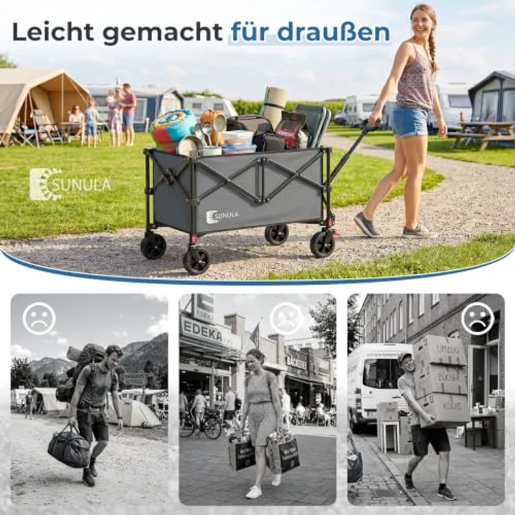 SUNULA Bollerwagen Faltbar Transportwagen, grau, 120 L / 80 KG Klappbar, 4-seitig zusammenfaltbar für Sport, Garten, Einkaufen, Camping – Bild 2