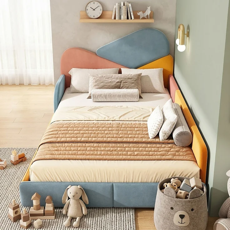 TavilaEcon Polsterbett Weiches Bodenbett mit gepolstertem Kopfteil & Fallschutz Blau+Pink+Orange Liegefläche 140 × 200 cm – Bild 2