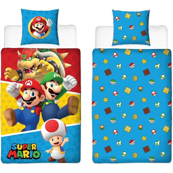 Nintendo Super Mario Bettwäsche für Jungen 135x200 + 80x80 cm Motiv Friends Luigi aus 100% Baumwolle