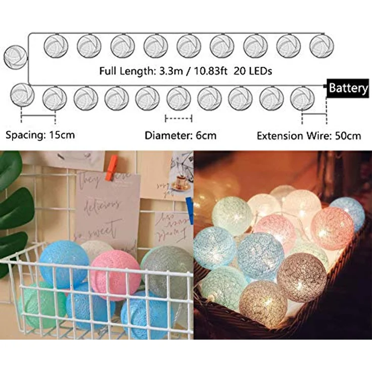 LED Lichterkette Baumwollkugeln Batteriebetrieben, 3,3m 20er Cotton Ball Lichterketten Kugeln Nachtlicht für Weihnachten, Hochzeit, Party, Zimmer, Wohnheim, Innen Deko – Bild 7