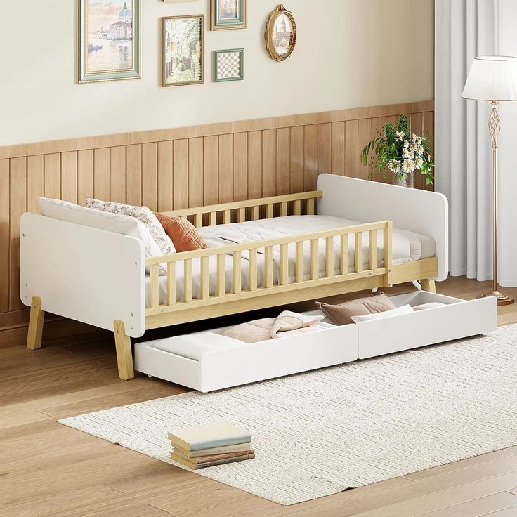 Ball & Cast Kinderbett (90x190cm) mit 2 Schubladen und Rausfallschutz, Juniorbett aus Massivholz mit Lattenrost, Einfach & Zeitsparend Montierbar, Weiß – Bild 7