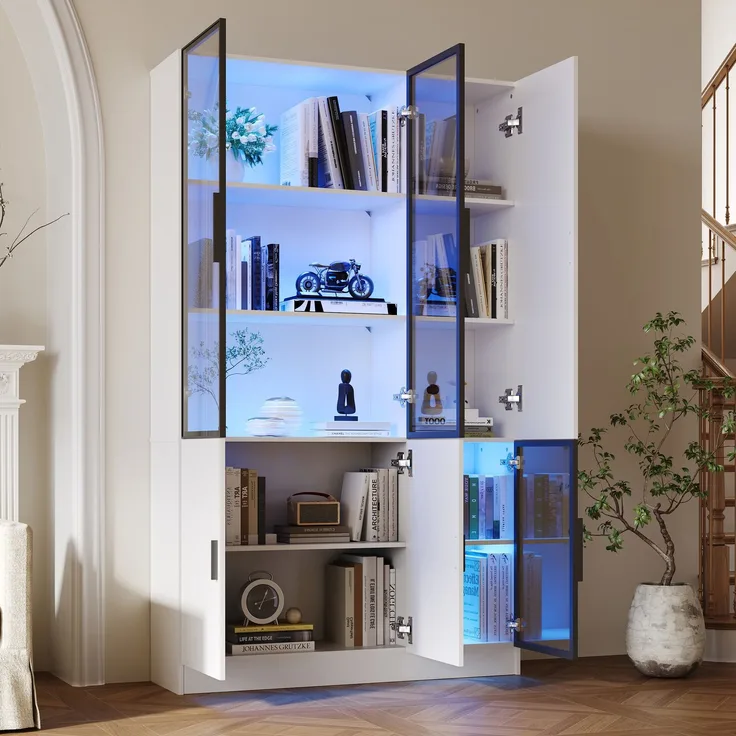 Vitrine B 120 x T 35 x H 200 cm aus Spanplatte mit Glastüren, LED-Beleuchtung und 10 Stauräumen