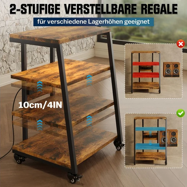 XIIW TV-Rack HiFi Möbel Rack mit LED & Rädern Plattenspieler-Ständer TV-Regal (4 Etagen, 60 x 51 x 85 cm), Media-Regal mit 2 RGB-LEDs per App, Verstellbaren Ablagen, bis 140 kg – Bild 3