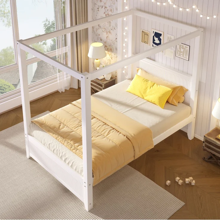 CHICFURN Bett aus Massivholz und MDF Weiß 90x200 cm mit Himmelrahmen und Lamellen-Optik – Bild 3