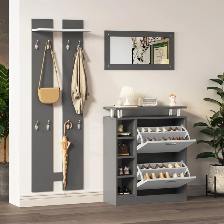 Wandgarderoben-Set 80 x 25 x 96.5 cm, inkl, Spiegel, 2 Wandpaneelen, einer Regalwand und einem Schuhschrank, Korpus anthrazitgrau matt, Flurmöbel, Flurtrockenständer, Flurgarderobe, Schuhwechsler-Set,--Grau, Weiß--91x50.5x19cm--YOUDENOVA – Bild 1