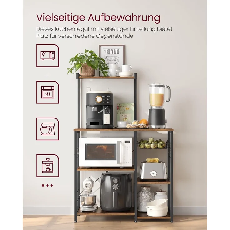 Vasagle Küchenregal, Standregal mit Metallkorb, Bäckerregal mit 6 S-Haken und Regalablagen, Mikrowellenregal, Gewürzregal, für Töpfe und Pfannen, Industrie-Design, Vintagebraun-schwarz von Songmics KKS35X – Bild 2