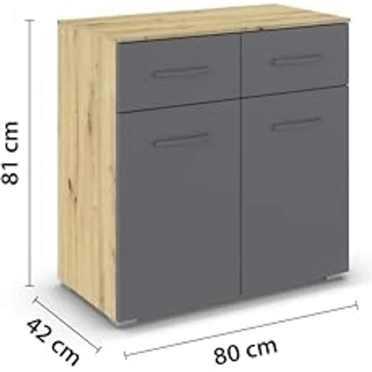 rauch Aditio Box, Kommode, 2-türig, 2 Schubladen, mit Softclose-Funktion, Farbe Grau metallic/Eiche Artisan, BxHxT 80x81x42cm – Bild 3