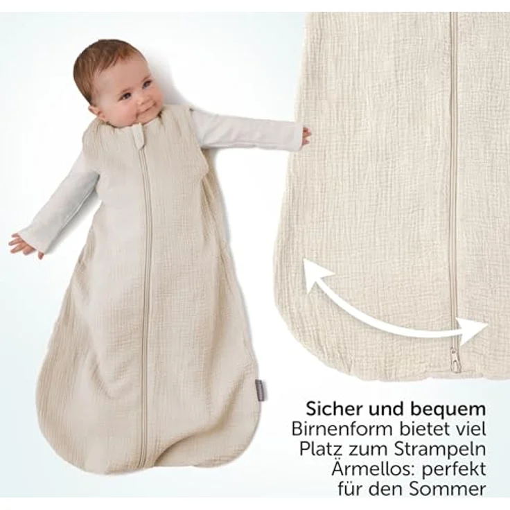 LaLoona Sommer-Schlafsack Musselin, 100% Baumwolle in Beige, Größe 70 cm, TOG 0,5 für warme Nächte – Bild 4