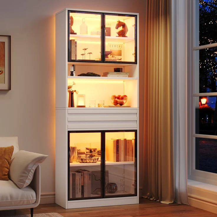 Zweierpackungen Vitrine Display Schrank 80 x 35 x 200 cm aus MDF, Bücherschrank mit 8 Glastüren, 2 Schublade, LED‑Beleuchtung,hohe Schränke, Weinschränke, vitrinen schrank für Wohnzimmer,Weiß--Weiß--160x35x200cm--YOUDENOVA – Bild 8