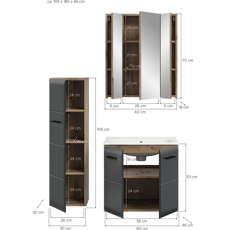 Badkombination (B/H/T: 105x185x46 cm) in schwarz matt und Nox Oak Nachbildung – Bild 4