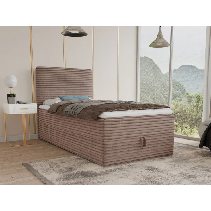 Boxspringbett Mollo Mini mit Bettkasten und Matratzentopper - Einzelbett mit Bonell-Matratze und Topper, Polsterbett in weichem Cordstoff, Bett, Schlafzimmer (Braun (Tilia 17), 120 x 200 cm) – Bild 5