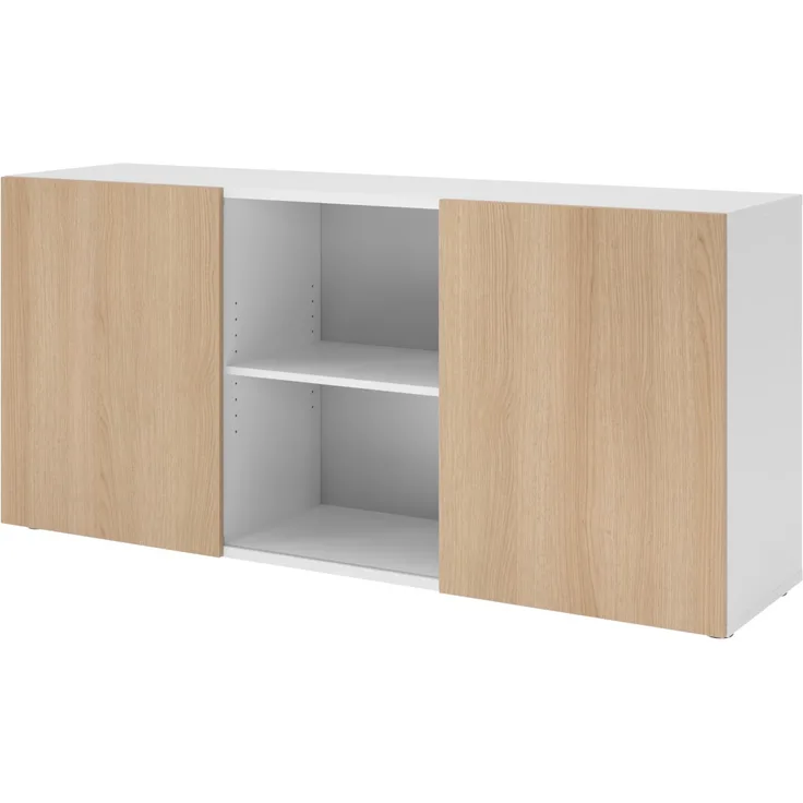 bümö Schwebetürenschrank, Sideboard Weiß/Eiche - Büromöbel Sideboard Holz 160cm breit, 42cm schmal, Büro Schrank mit Schwebetür für Flur oder als Wohnzimmer-Kommode, 1780-W-E