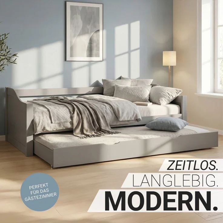 Gästebett Holzbett 90x200 cm mit 2 Matratzen Grau Tagesbett ausziehbar Jugendbett Ausziehbett Funktionsbett – Bild 4
