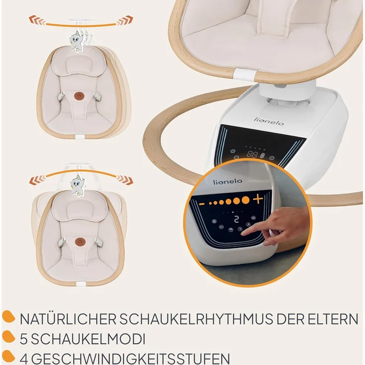 Lionelo OLIVIA Elektrische Babywippe bis zu 9 kg Neigungsverstellung, natürliches Schaukeln, 4 Geschwindigkeiten, ergonomischer Sitz, 13 Melodien, 2 Spielzeuge, Fernbedienung – Bild 3