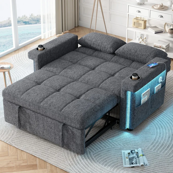 Merax 2-Sitzer Sofa, Schlafsofa mit Schlaffunktion, LED-Beleuchtung, USB/Type-C-Ladeanschluss, verstellbare Rückenlehne, Kissen, Getränkehalter, Seitentasche, Chenille Stoff, Grau – Bild 2