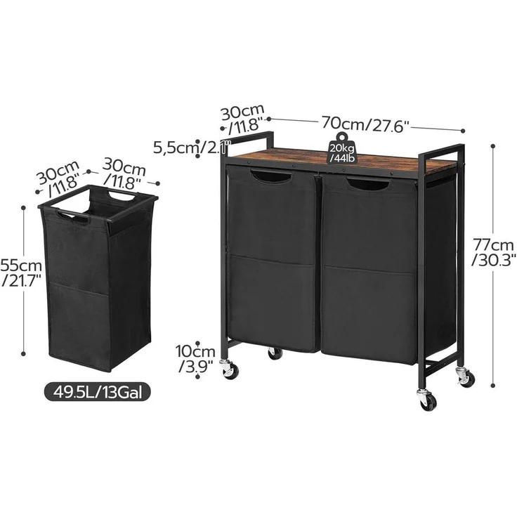 Wäschekorb mit Rollen und Ablage, 2 Fächer, 2 x 49,5 L, Oxford-Gewebe – Bild 8