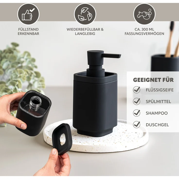eluno Bad-Set VALONA 5tlg. mit Seifenspender, Becher, Schale, Kosmetikeimer 4,5 Liter und WC-Garnitur aus Kunststoff in Schwarz – Bild 3
