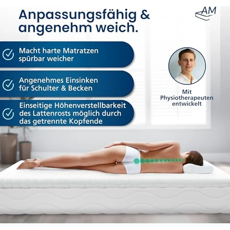 AM Qualitätsmatratzen Split Topper 200x200cm RG30, Atmungsaktiver Matratzenauflage mit 67 cm Einschnitt für verstellbare Lattenroste, Made in Germany – Bild 2