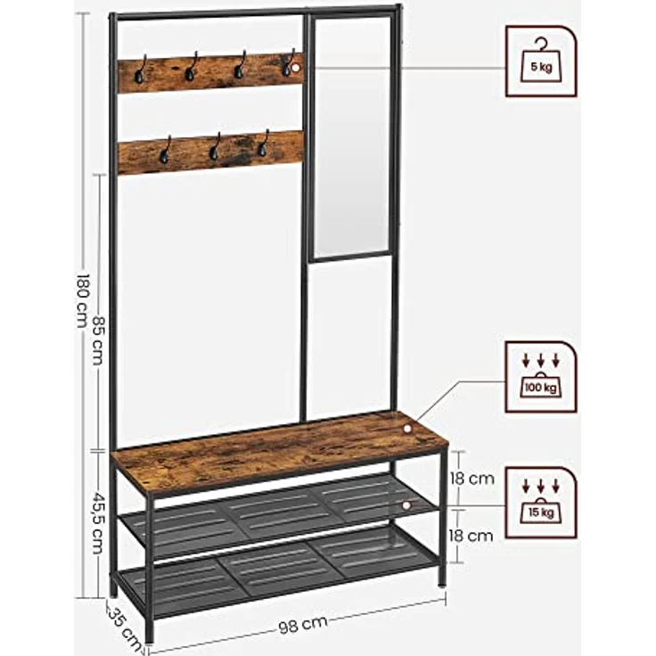 VASAGLE Kleiderständer, Garderobe, Garderobenständer mit Haken, Spiegel, Sitzbank, 35 x 98 x 180 cm, für Eingangsbereich, Schlafzimmer, Wohnzimmer, Industrie-Design, vintagebraun- schwarz HSR415B01 – Bild 7