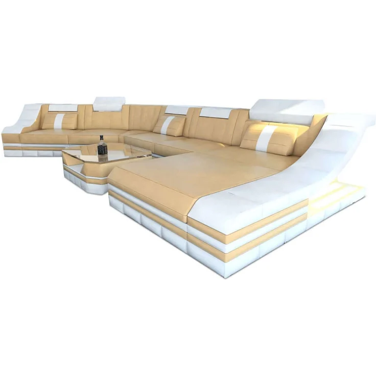 Mini Leder Wohnlandschaft Turino CL mit LED - Büffelleder - Sandbeige-Weiss - Rechts – Bild 1