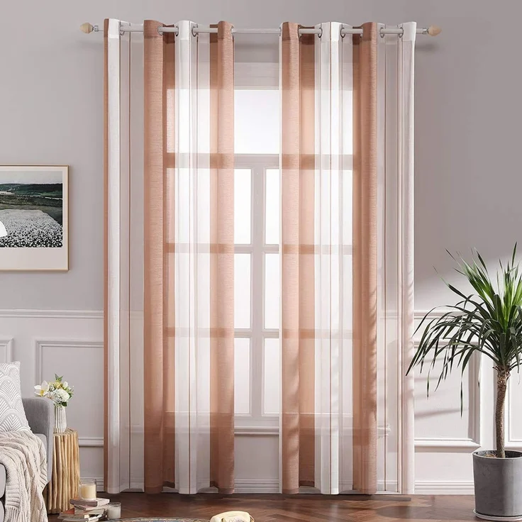 MIULEE Voile Gardinen Braun-Weiß mit Ösen 2er Set 140x225 cm | Halbtransparenter Voile mit Streifenmuster für Wohnzimmer, Schlafzimmer und kleine Fenster.