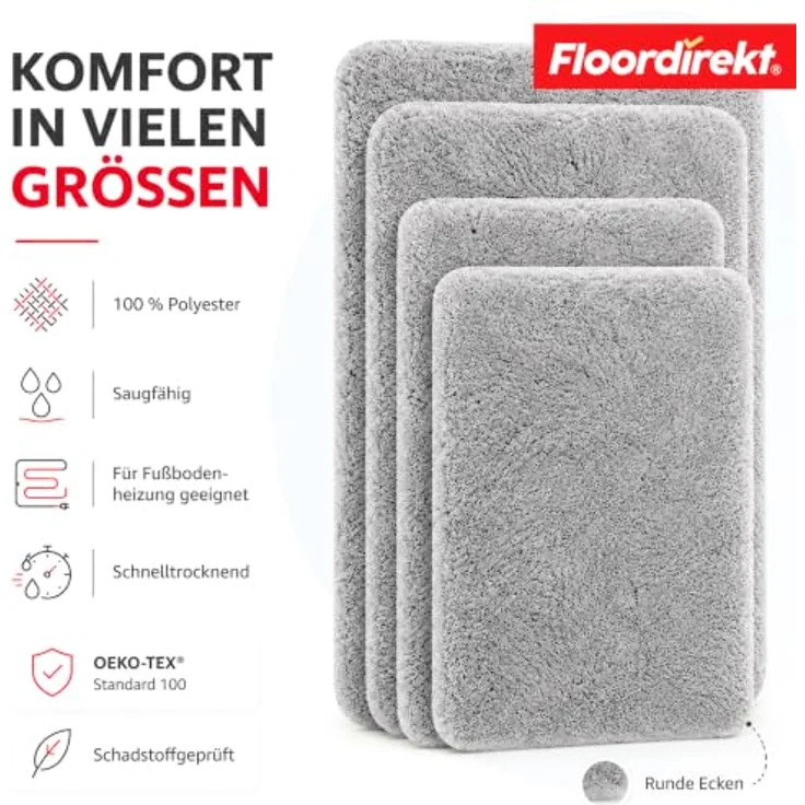 Floordirekt Badematte Sky, Hochflor Badezimmerteppich, rutschhemmend & schnell trocknend, geeignet für Fußbodenheizung, Silbergrau, 60 x 100 cm – Bild 4