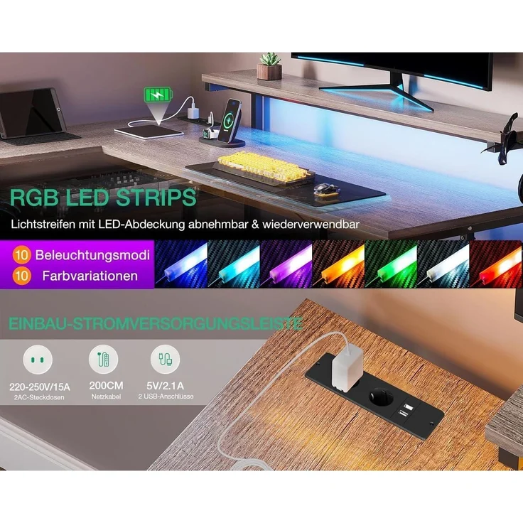 ODK Gaming Schreibtisch L Form LED USB Steckdosen Graueiche – Bild 2