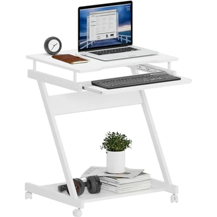SogesHome Schreibtisch Klein Computertisch mit 4 Rollen 2 Davon mit Bremsen PC-Tisch in Z-Form mit Tastaturauszug für Zuhause und Büro, 60x48 cm – Bild 7
