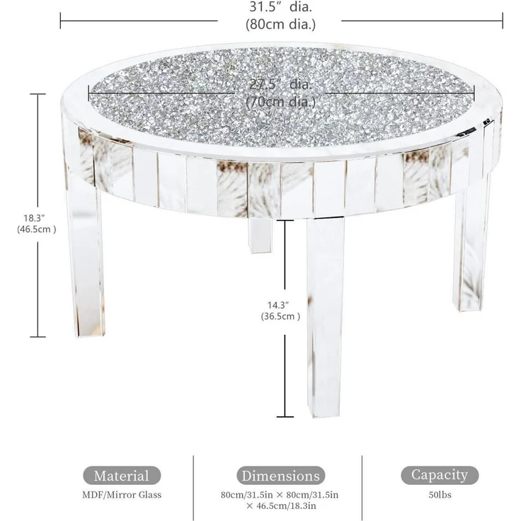 Runder Couchtisch Kristallglas Diamant Silber 80cm Sofatisch Verspiegelt – Bild 2