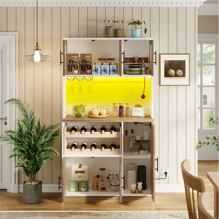 ZUBALIYA Buffetschrank 100 x 40 x 180 cm – Riffelglasfronten, RGB-LED mit Fernbedienung, 2 Steckdosen und USB, Weinregal für 10 Flaschen, MDF, Weiß, Sonoma-Eiche-Optik – Bild 3