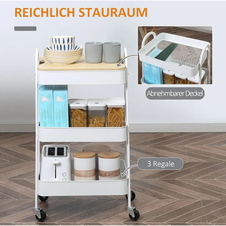 HOMCOM Servierwagen mit 3 Ebenen Küchenwagen mit Rollen Griff Küchenregal mit Korb und Deckel Rollwagen Allzweckwagen für Küche Büro Badezimmer, Weiß – Bild 3