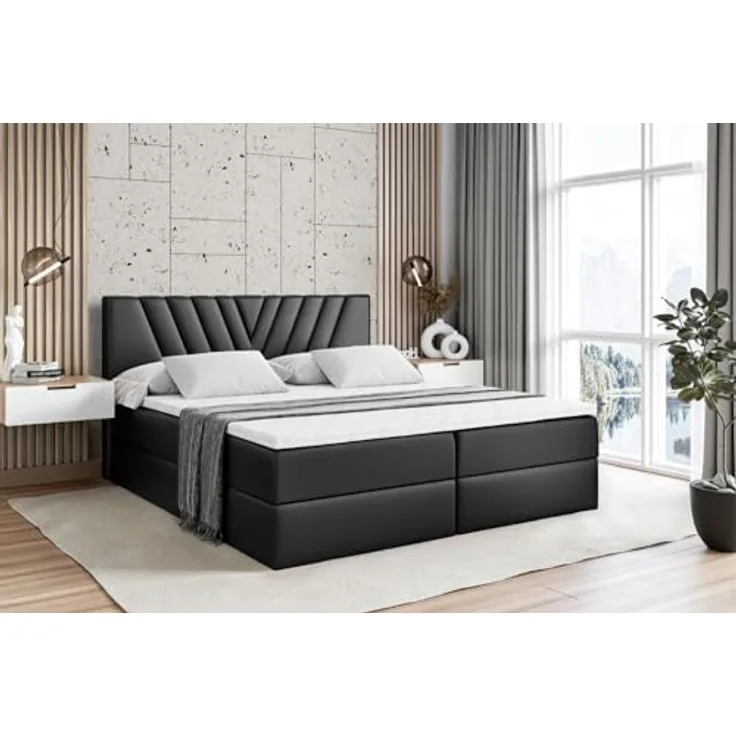 ALTDECOR ERNINA Boxspringbett, 180 x 200 cm mit H3 Matratze und Topper, Schwarz Kunstleder, Polsterbett mit Bettkasten und Lattenrost, ideal für Stauraum