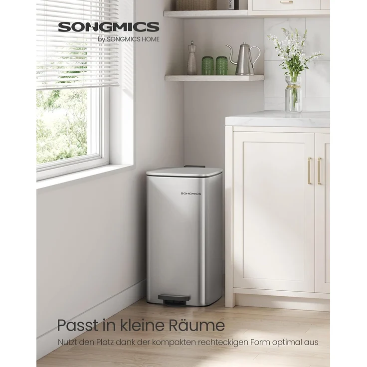 SONGMICS Mülleimer Küche, 30 Liter Abfalleimer, Tretmülleimer, Stahl, mit Inneneimer, Softclose, Offenhaltefunktion, metallicsilber LTBDE593E01 – Bild 1