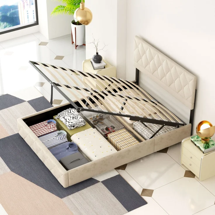 Polsterbett aus Kunstleder mit Aufbewahrungsbox & Lattenrost, ohne Matratze, 140x200 cm, Beige – Bild 5