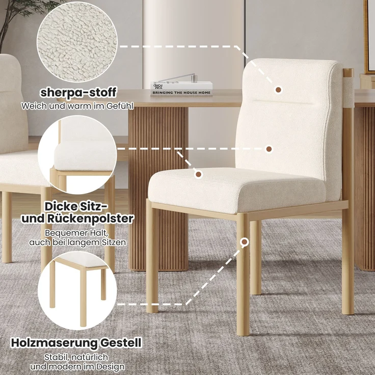 Merax Esszimmerstuhl (Set, 4 St) Eisengestell in Eichenholz-Optik , 4er Set Polsterstühle Wohnzimmerstuhl Sherpa-Stoff Beige – Bild 7